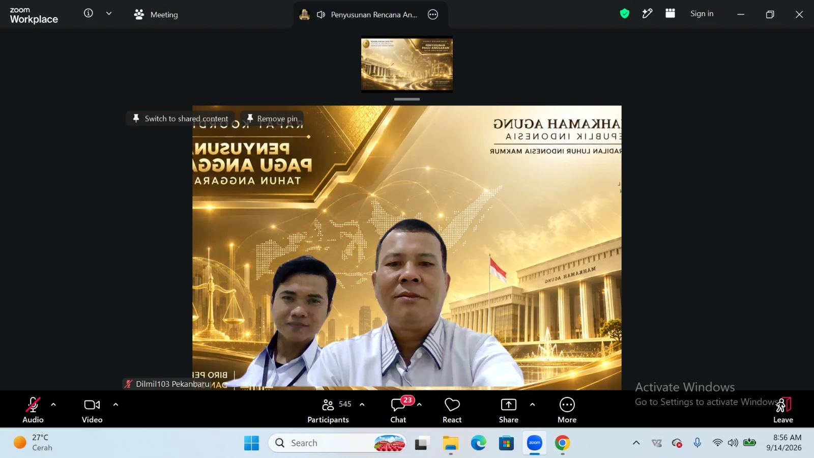 Pengadilan Militer I-03 Pekanbaru mengikuti secara daring Rapat Koordinasi Persiapan Penyusunan Pagu Alokasi Tahun Anggaran 2027 yang diselenggarakan oleh Sekretariat Mahkamah Agung Republik Indonesia pada Senin–Selasa, 14–15 September 2026